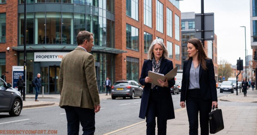 Business professionals walking outside the Property118 office building in a modern city, discussing documents on a busy urban street.