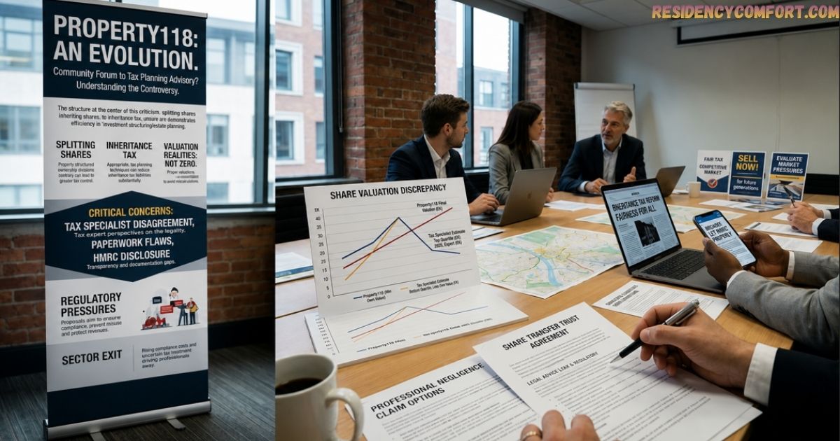 Professionals in a Property118 meeting reviewing property investment, share valuation, and tax planning documents during a corporate strategy discussion.