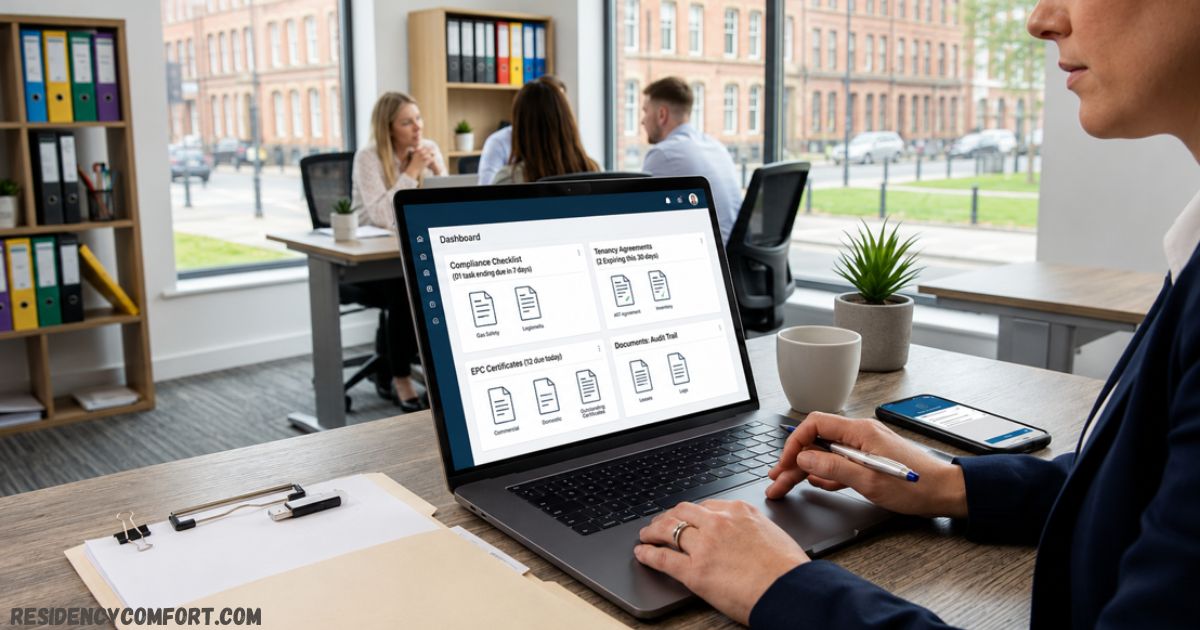 Professional working on a laptop displaying a property management dashboard in a modern office, with colleagues collaborating in the background and organized workspace overlooking city buildings.
