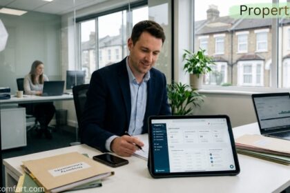 Business professional using a tablet with a property management dashboard in a modern office, with paperwork, laptop, and colleagues working in the background.