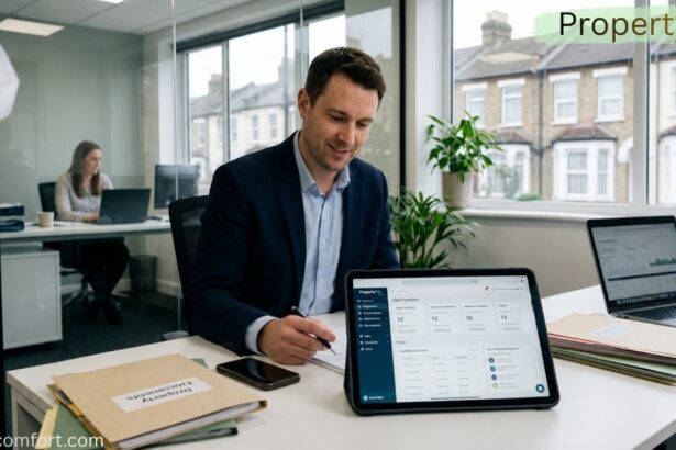 Business professional using a tablet with a property management dashboard in a modern office, with paperwork, laptop, and colleagues working in the background.