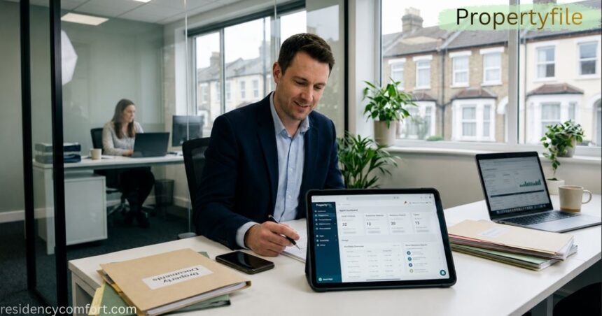 Business professional using a tablet with a property management dashboard in a modern office, with paperwork, laptop, and colleagues working in the background.