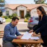 Person signing house ownership documents with a real estate agent outside a residential home.