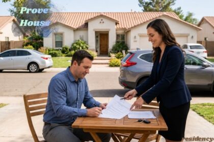 Person signing house ownership documents with a real estate agent outside a residential home.