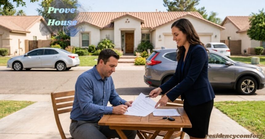 Person signing house ownership documents with a real estate agent outside a residential home.