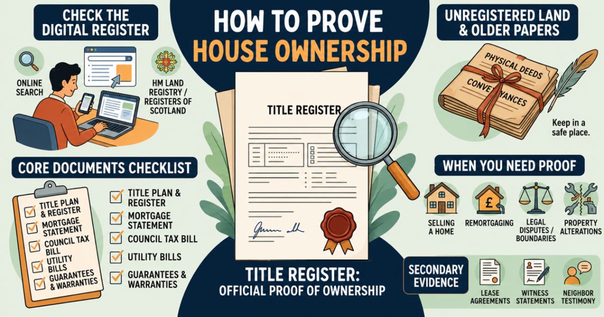 Infographic showing how to prove house ownership with a title register, property deeds, and ownership documents.