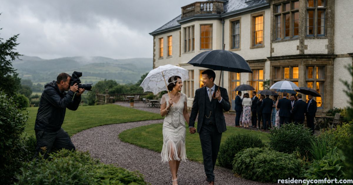 Bride and groom walking with umbrellas outside a country manor during a rainy wedding while a photographer captures the moment.