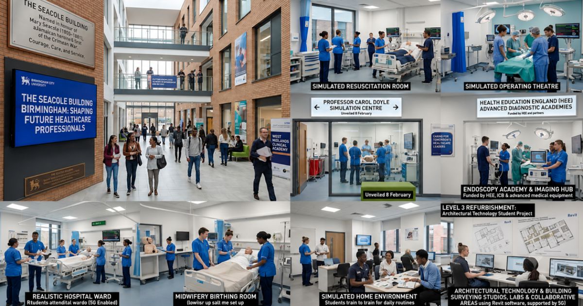 The Seacole Building Birmingham with modern healthcare training labs and student learning spaces.