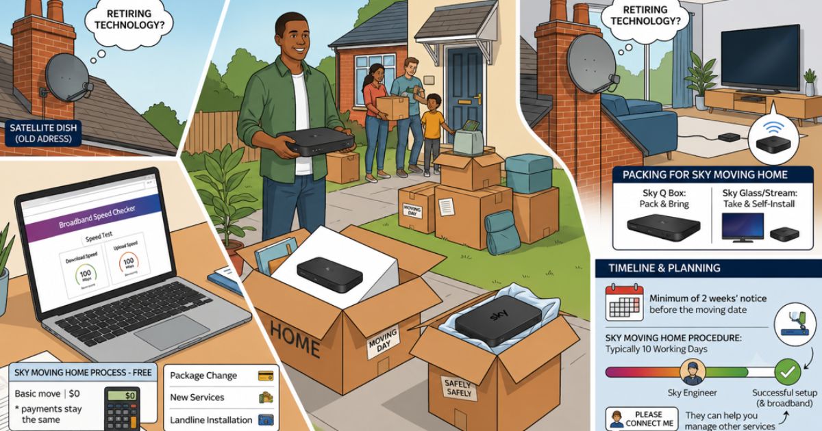 Illustration showing the Sky Moving Home process, including broadband transfer, Sky Q box packing, moving home setup, satellite dish, and installation timeline for a smooth relocation.