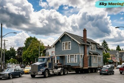 A large house being transported on a truck through a neighborhood, illustrating Sky Moving Home, home relocation, house moving, and professional moving services under a dramatic cloudy sky.