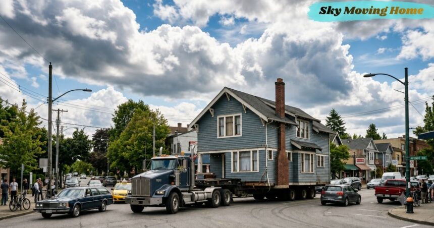 A large house being transported on a truck through a neighborhood, illustrating Sky Moving Home, home relocation, house moving, and professional moving services under a dramatic cloudy sky.