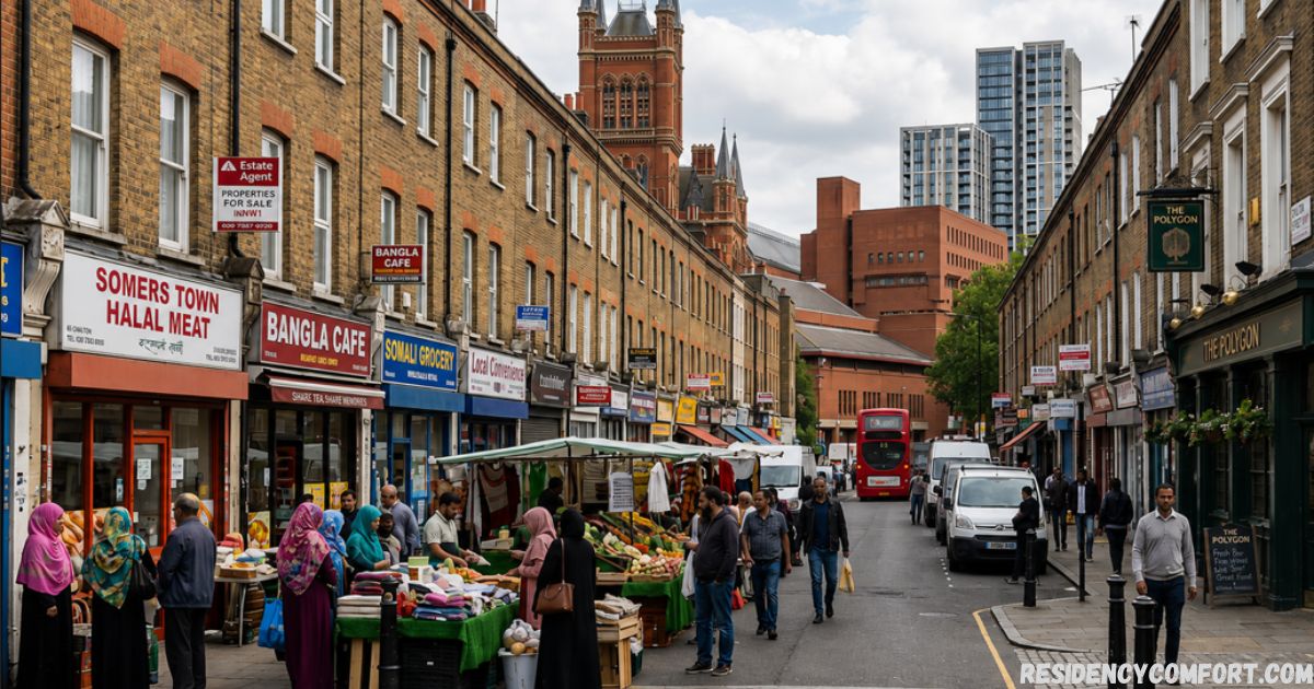 Bustling Somers Town NW1 street market in London, featuring local shops, market stalls, pedestrians, residential buildings, a red double-decker bus, and the St Pancras skyline in the background.