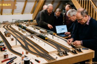 Model railway enthusiasts working on a detailed train layout in a workshop with tracks, miniature stations, tools, and a laptop displaying a railway control diagram.