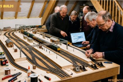 Model railway enthusiasts working on a detailed train layout in a workshop with tracks, miniature stations, tools, and a laptop displaying a railway control diagram.