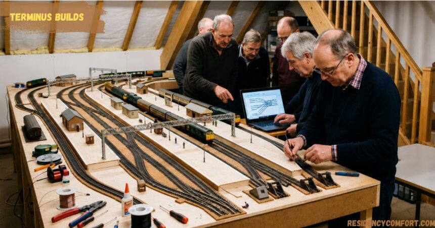 Model railway enthusiasts working on a detailed train layout in a workshop with tracks, miniature stations, tools, and a laptop displaying a railway control diagram.