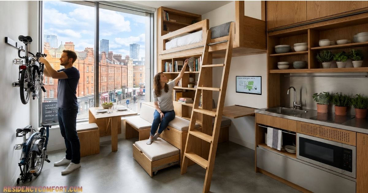 Modern studio apartment with a loft bed, built-in wooden furniture, compact kitchen, bike storage, and two people organizing the space beside a large city-view window.