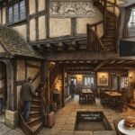 Warm interior of The Porch House featuring historic stone fireplaces, wooden beams, traditional dining rooms, cozy restaurant seating, and a welcoming heritage inn atmosphere