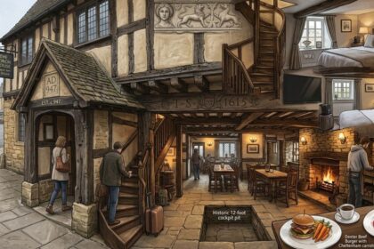 Warm interior of The Porch House featuring historic stone fireplaces, wooden beams, traditional dining rooms, cozy restaurant seating, and a welcoming heritage inn atmosphere