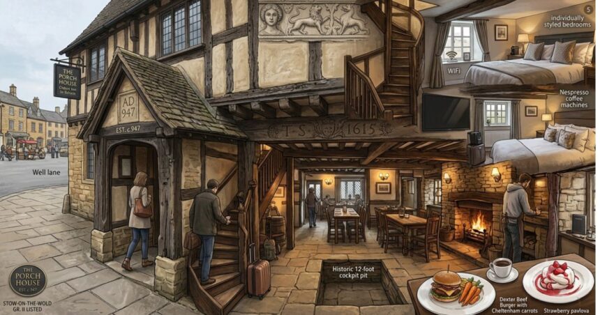 Warm interior of The Porch House featuring historic stone fireplaces, wooden beams, traditional dining rooms, cozy restaurant seating, and a welcoming heritage inn atmosphere