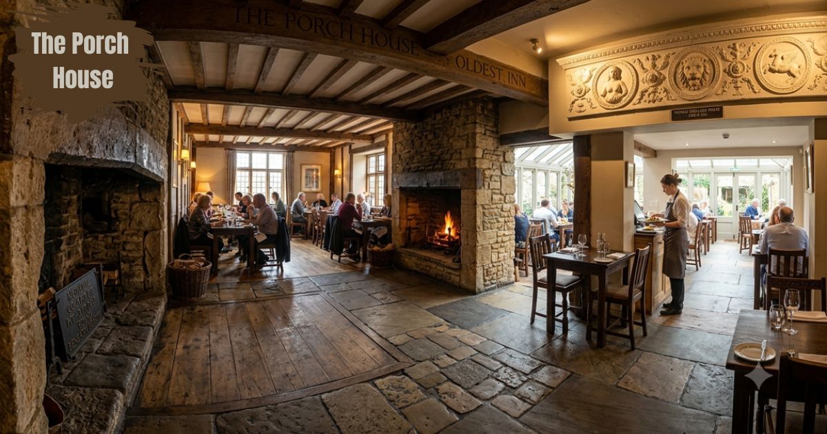 Illustration of The Porch House, a historic timber-framed inn featuring heritage architecture, cozy guest rooms, a stone fireplace, traditional dining area, and historic interior in Stow-on-the-Wold.