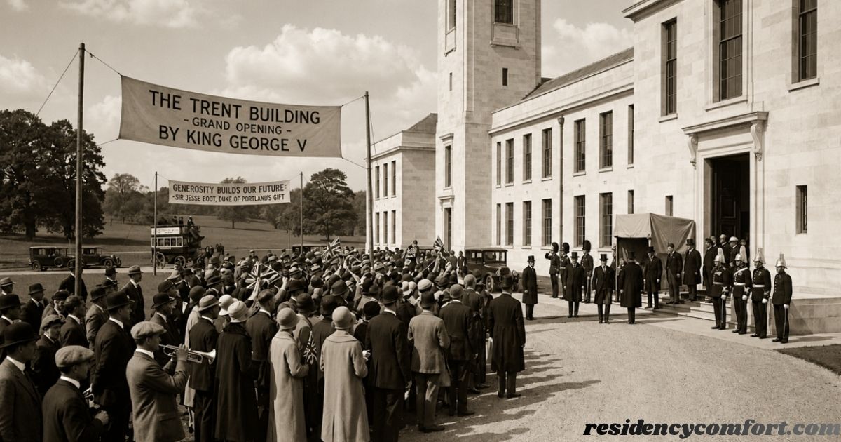 Historic black-and-white photograph of the Trent Building's grand opening ceremony, showing a large crowd gathered outside the building as officials and guards welcome King George V beneath a ceremonial banner.