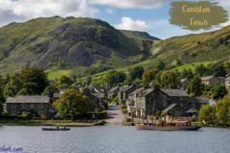 "Peaceful lakeside village with stone houses, boats on the water, and green hills rising in the background under a partly cloudy sky."