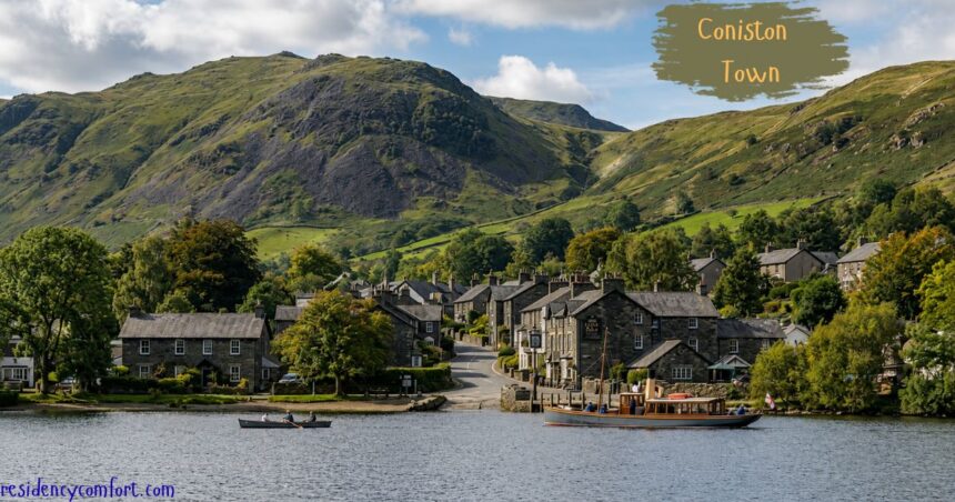 "Peaceful lakeside village with stone houses, boats on the water, and green hills rising in the background under a partly cloudy sky."