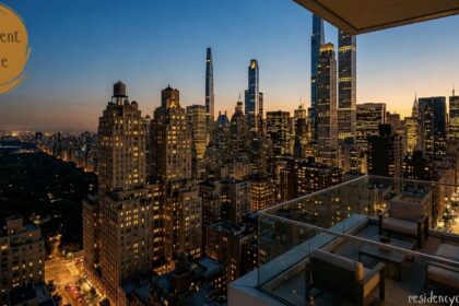 Apartment skyline at sunset featuring a luxury balcony overlooking illuminated high-rise buildings, modern skyscrapers, and the vibrant city skyline with expansive urban views.
