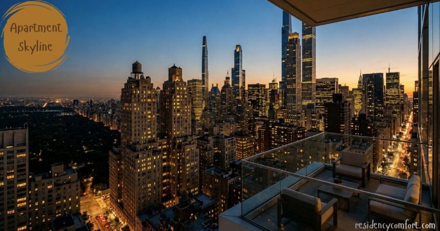 Apartment skyline at sunset featuring a luxury balcony overlooking illuminated high-rise buildings, modern skyscrapers, and the vibrant city skyline with expansive urban views.