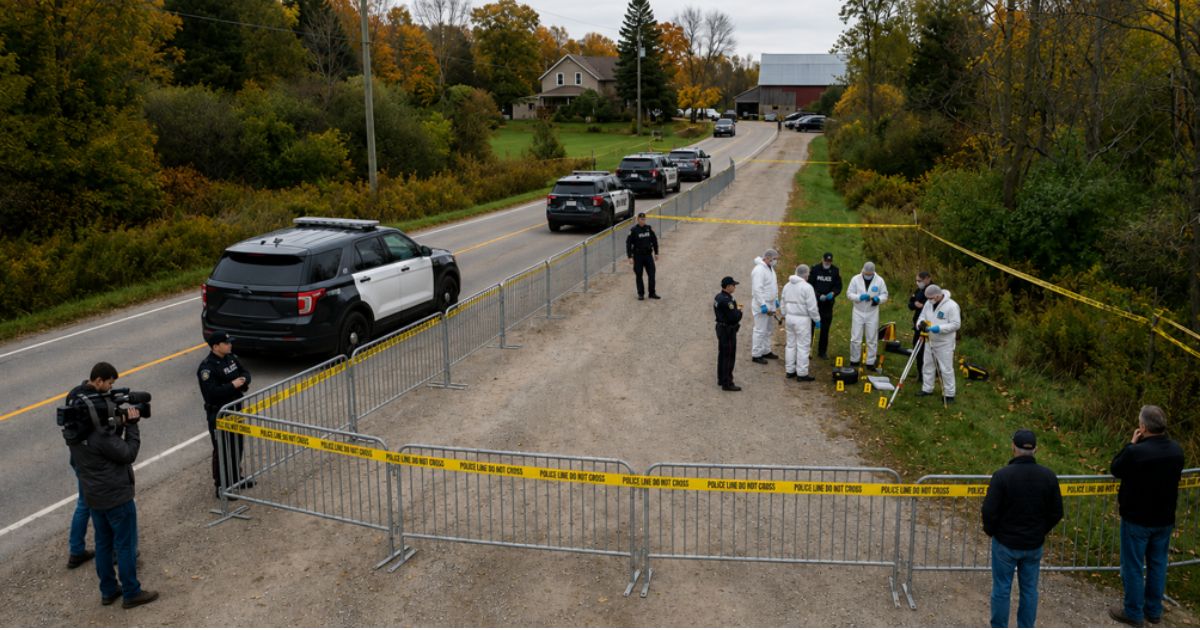 Police and forensic investigators examine a rural roadside crime scene behind barriers and yellow police tape while officers, police vehicles, and a news cameraman remain on site.