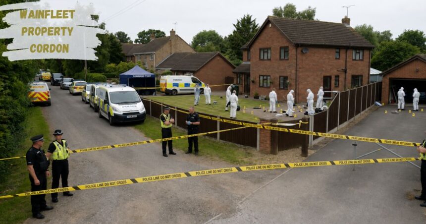 Forensic investigators and police officers examine a cordoned-off residential property in Wainfleet, with police tape, emergency vehicles, and evidence markers surrounding the house.