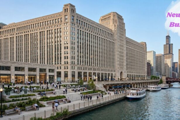 New Mart Building along the Chicago River with boats, a riverside walkway, and the city skyline.