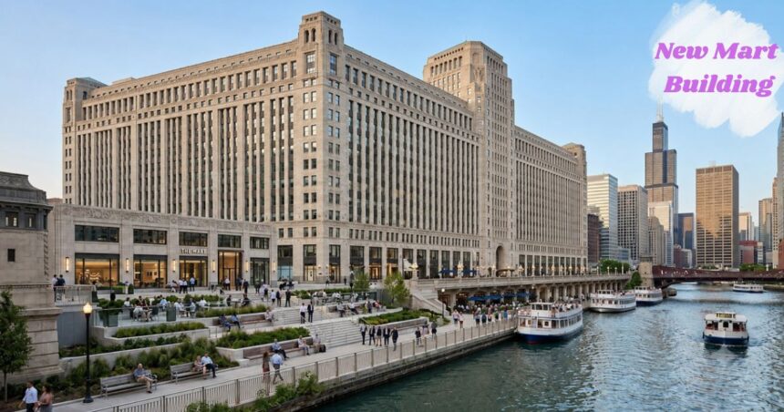 New Mart Building along the Chicago River with boats, a riverside walkway, and the city skyline.
