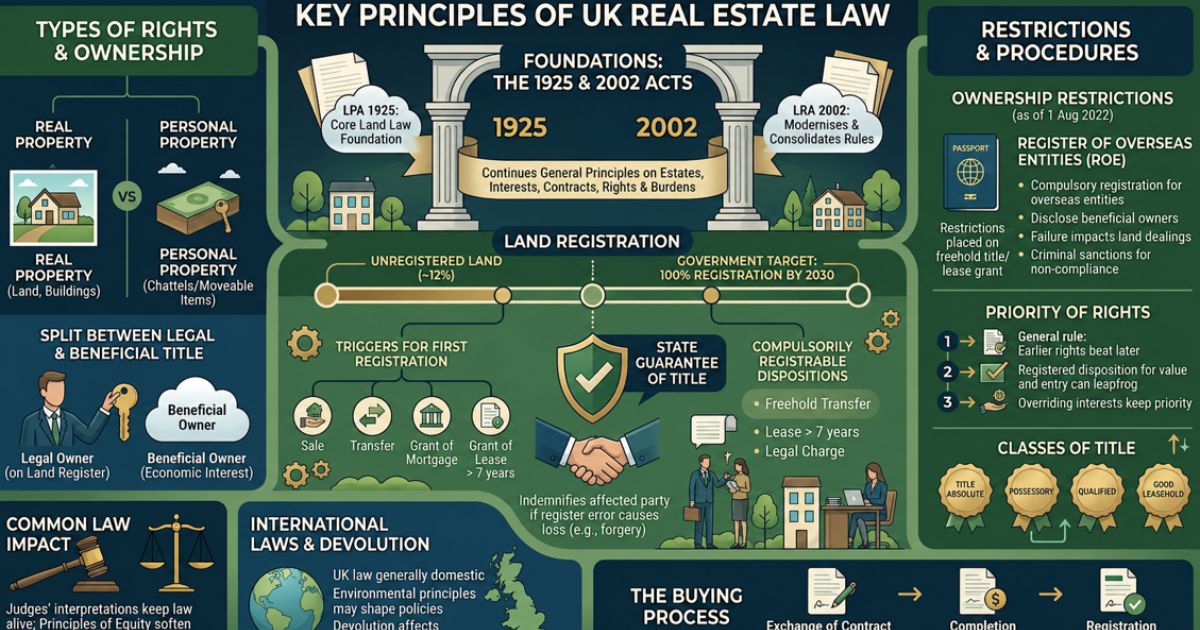 Infographic explaining the key principles of UK real estate law, covering property rights, land registration, ownership restrictions, title classes, and the property buying process.