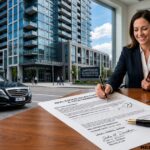Modern real estate law office scene with a lawyer signing property transfer documents, a luxury apartment building, a black sedan, and the text "Real Estate Law" displayed.