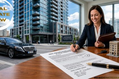 Modern real estate law office scene with a lawyer signing property transfer documents, a luxury apartment building, a black sedan, and the text "Real Estate Law" displayed.