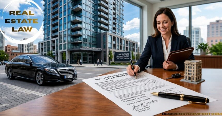Modern real estate law office scene with a lawyer signing property transfer documents, a luxury apartment building, a black sedan, and the text "Real Estate Law" displayed.