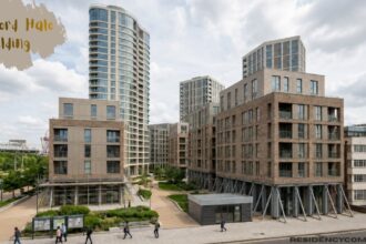 Modern view of the Stratford Halo Building residential development featuring a tall glass tower, contemporary apartment blocks, landscaped walkways, and surrounding urban architecture under a cloudy sky.