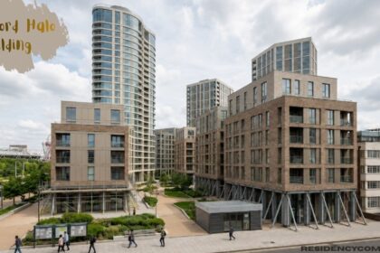 Modern view of the Stratford Halo Building residential development featuring a tall glass tower, contemporary apartment blocks, landscaped walkways, and surrounding urban architecture under a cloudy sky.