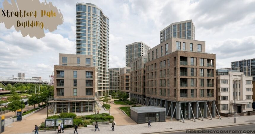 Modern view of the Stratford Halo Building residential development featuring a tall glass tower, contemporary apartment blocks, landscaped walkways, and surrounding urban architecture under a cloudy sky.