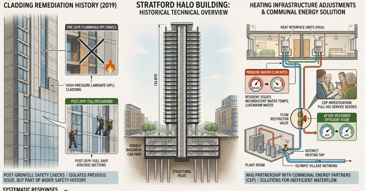 Illustrated infographic of the Stratford Halo Building showing cladding remediation history, a technical building cross-section, and communal heating infrastructure with labeled diagrams and safety upgrades.
