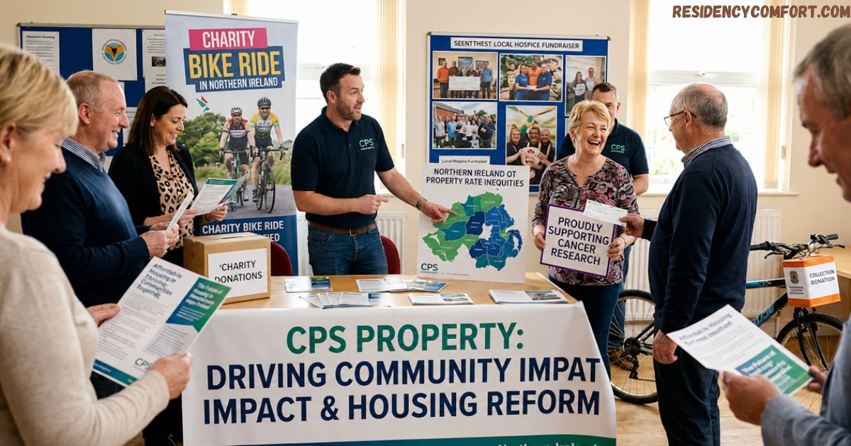 Community members gather around a CPS Property information stand at a charity event, featuring a Northern Ireland charity bike ride display, fundraising materials, housing reform information, and cancer research support.