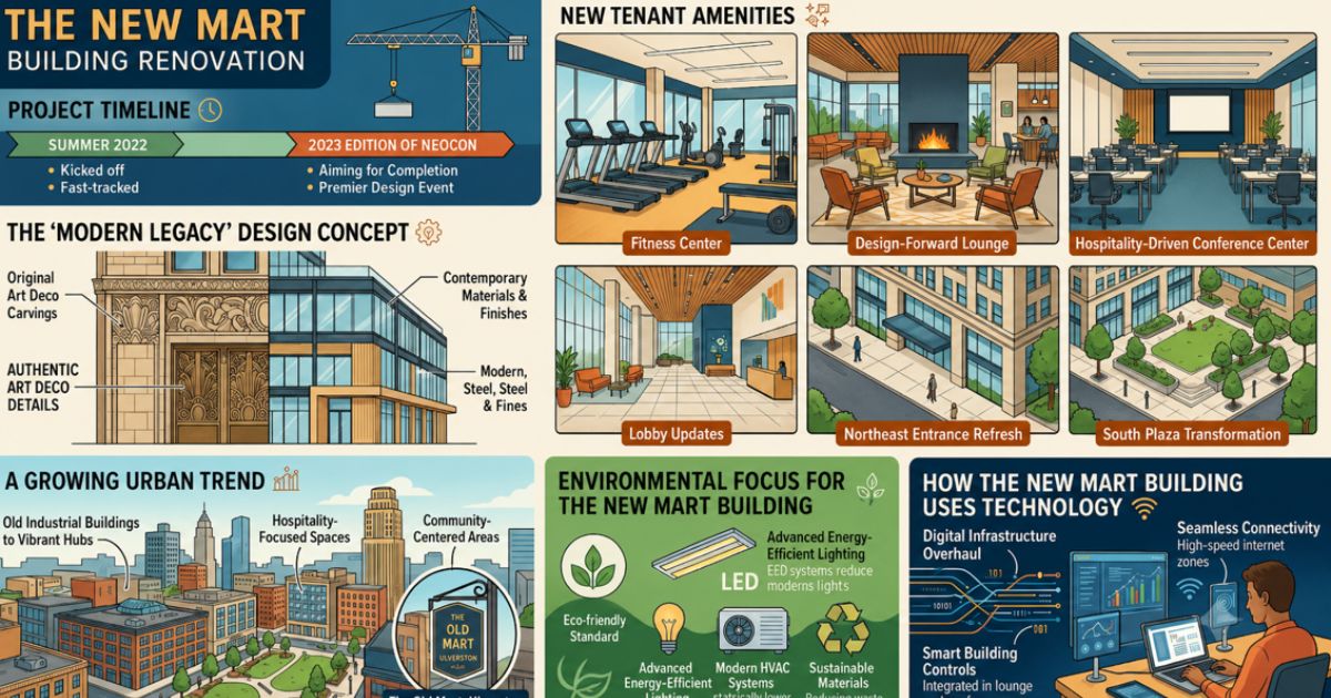 New Mart Building renovation infographic showcasing project timeline, modern upgrades, sustainability, and smart building features.