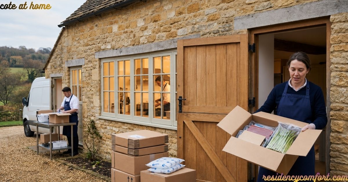 Woman carrying a fresh meal kit box outside a rustic stone cottage while staff prepare and pack food orders, with delivery boxes and a van in the countryside.