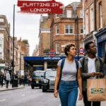 Three friends flat hunting in London walk past a red double-decker bus and To Let signs on a busy city street.