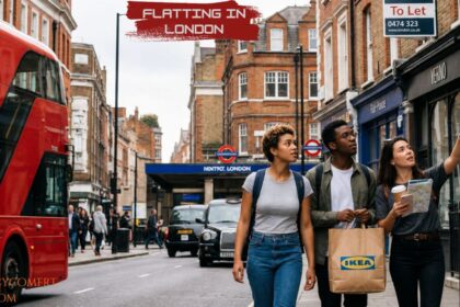 Three friends flat hunting in London walk past a red double-decker bus and To Let signs on a busy city street.