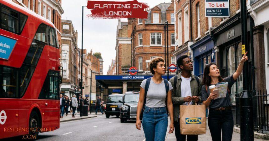 Three friends flat hunting in London walk past a red double-decker bus and To Let signs on a busy city street.
