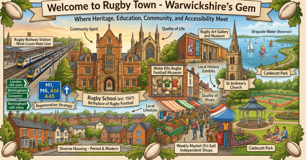 Illustrated map of Rugby Town, Warwickshire, highlighting landmarks including Rugby School, Rugby Railway Station, Webb Ellis Rugby Football Museum, St Andrew’s Church, Caldecott Park, Draycote Water, local markets, and community attractions.