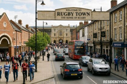 Busy street in Rugby Town featuring the iconic welcome sign, historic buildings, pedestrians, cars, and a red double-decker bus in the lively town centre.