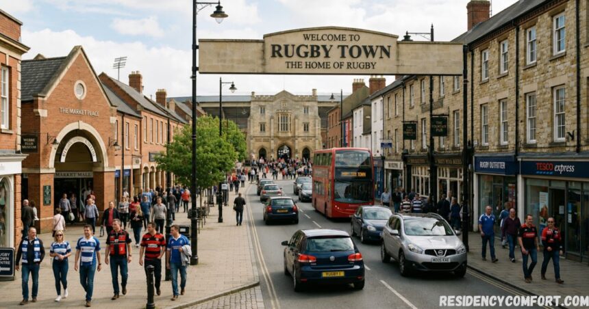 Busy street in Rugby Town featuring the iconic welcome sign, historic buildings, pedestrians, cars, and a red double-decker bus in the lively town centre.